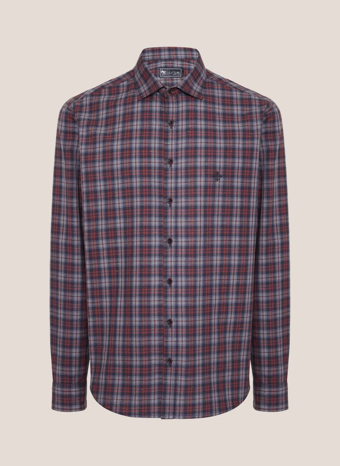 Camisa masculina xadrez vinho e azul, vista de frente