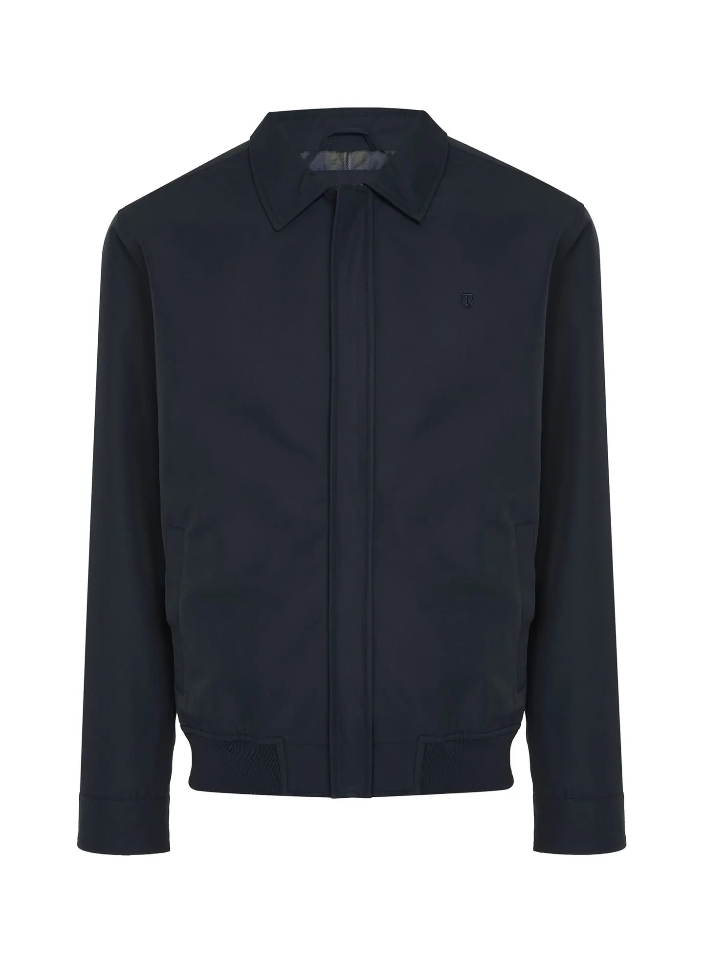 Jaqueta masculina azul-marinho com gola, vista de frente